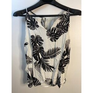 Old Navy Womens Large Black White Tropical Palm Leaf Rayon Cami Tank Top V-Neck